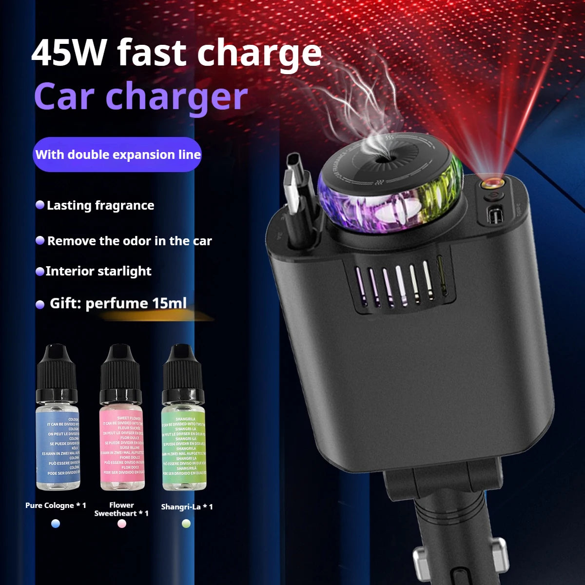 5-in-1 Fast Charging Car Charger 45W with Retractable Cables, Aromatherapy Diffuser & Starry Sky LED Ambient Lights