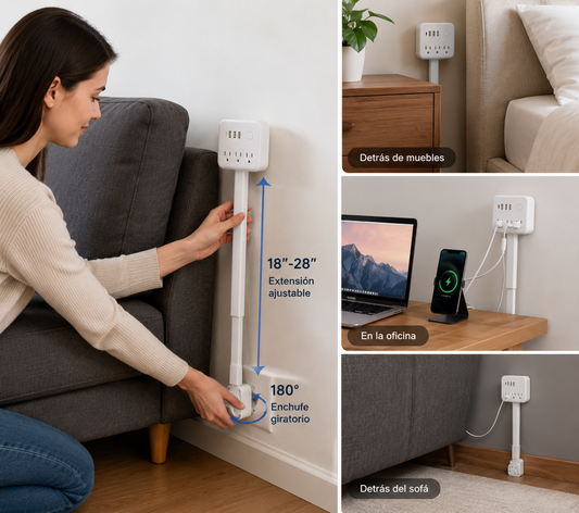 Electrical Outlet Extender Stick, 18"-28" Extendable Power Strip with 180° Rotating Plug, 2 USB-A, 1 USB-C, 3 AC Outlets, Wall Plug Extender for behind Couch, Sofa, Nightstand