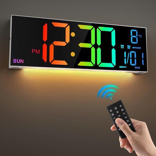 16.2'' Large Digital Wall Clock with Remote Control, Big Led/Dual Alarm/8 RGB Colors/Auto Brightness/Date/Auto Dst/Temperature/Night Light Gym Clocks for Living Room Bedroom Office Wall Decor