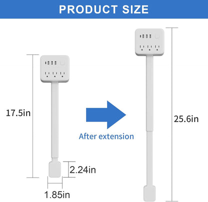 Electrical Outlet Extender Stick, 18"-28" Extendable Power Strip with 180° Rotating Plug, 2 USB-A, 1 USB-C, 3 AC Outlets, Wall Plug Extender for behind Couch, Sofa, Nightstand