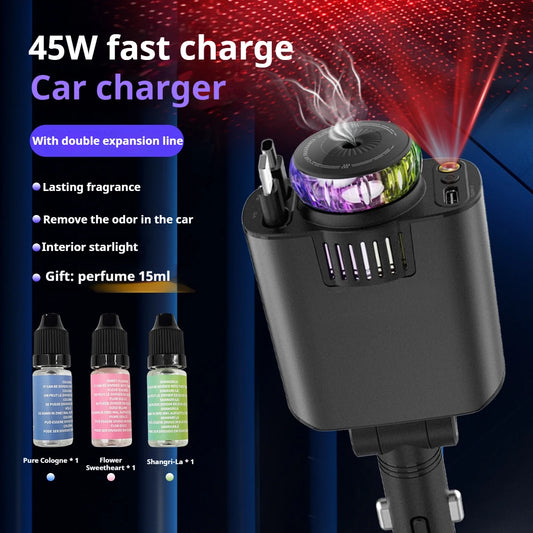5-in-1 Fast Charging Car Charger 45W with Retractable Cables, Aromatherapy Diffuser & Starry Sky LED Ambient Lights