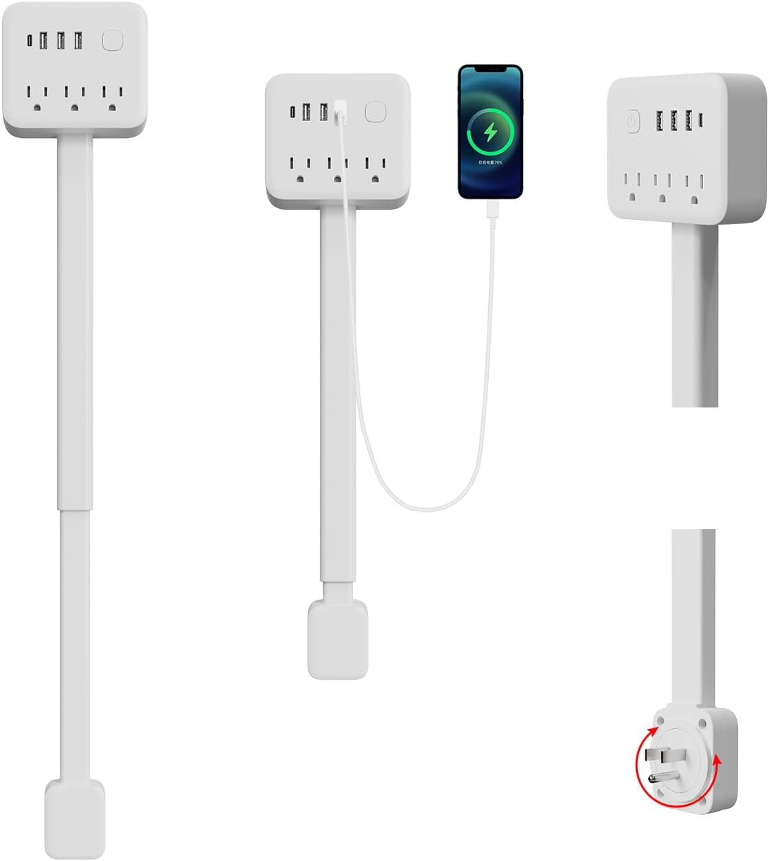Electrical Outlet Extender Stick, 18"-28" Extendable Power Strip with 180° Rotating Plug, 2 USB-A, 1 USB-C, 3 AC Outlets, Wall Plug Extender for behind Couch, Sofa, Nightstand
